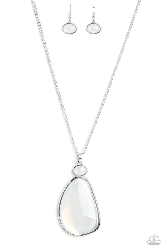 Pressed in abstract silver frames, an opalescent, oversized, white acrylic piece and milky oval acrylic piece drips from the bottom of an elongated silver chain for a basic geometric design. Features an adjustable clasp closure.