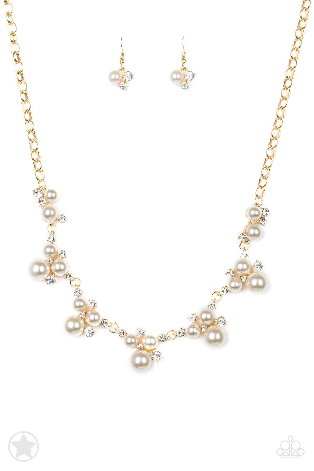 Clusters of pearls and dazzling white rhinestones join below the collar, creating refined frames. Infused with a glistening gold chain, the sections of luminescent frames trickle along the neck in a timeless fashion. Features an adjustable clasp closure.