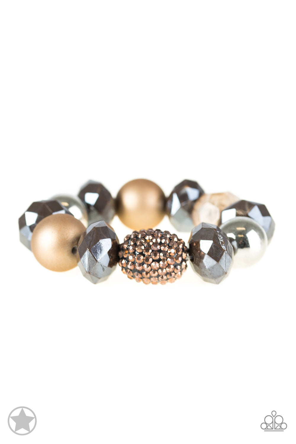 Warm beads in shades of brown and copper with reflective faceted edges and varying glazed finishes are offset by two shiny silver beads. An oblong bead studded with copper-toned rhinestones adds a dramatic accent.