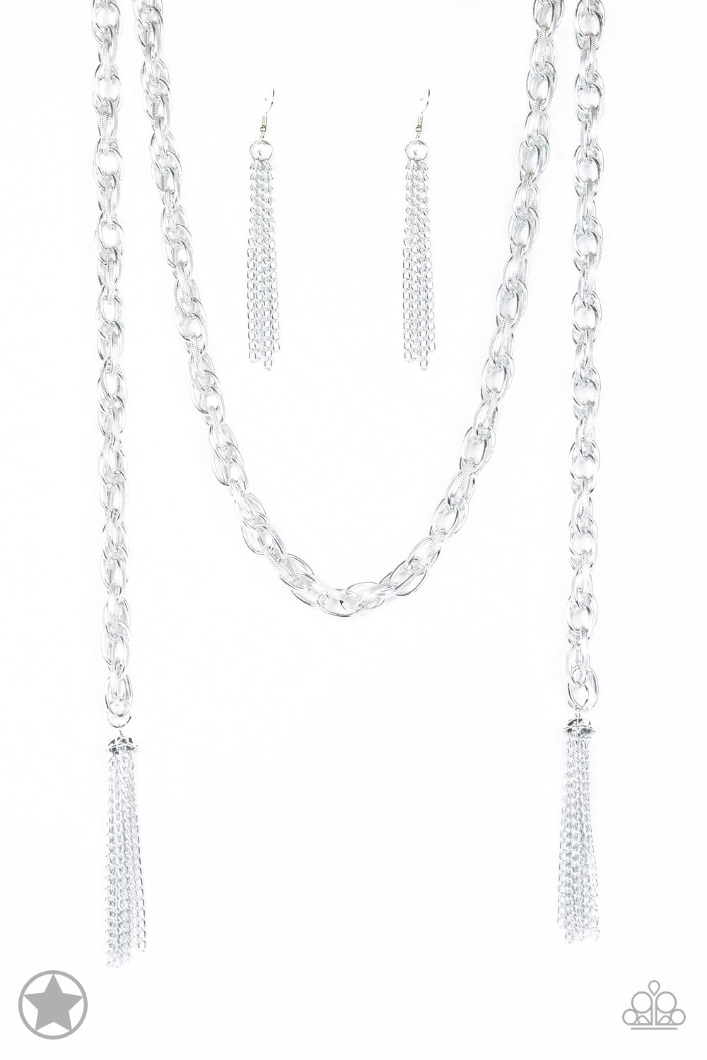 A single strand of spiraling, interlocking links with light-catching texture is anchored by two tassels of chain that add dramatic length to the piece. Undeniably the most versatile piece in Paparazzi's history, the scarf necklace features FIVE different ways to accessorize: Open Layer, Loop, Traditional Wrap, Double Knot, and Nautical Knot.
