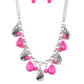 A collection of round and teardrop pink beads and decorative silver teardrops swing from the bottom of double-link silver chain, creating a vivacious fringe below the collar. Features an adjustable clasp closure.