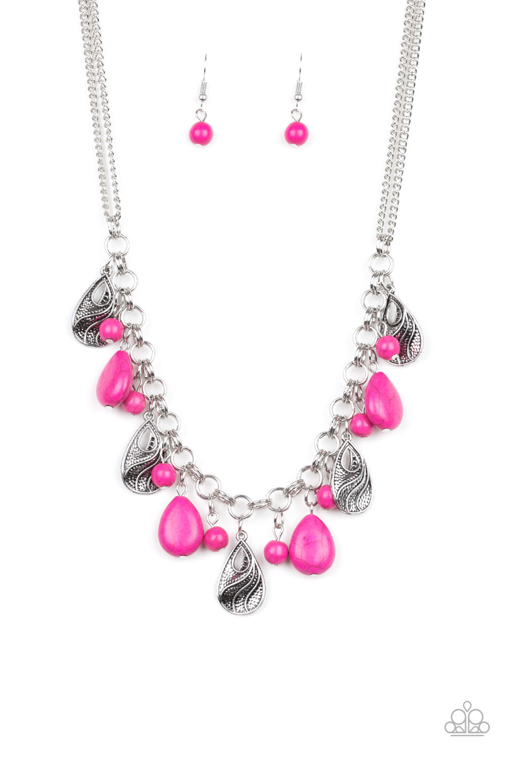 A collection of round and teardrop pink beads and decorative silver teardrops swing from the bottom of double-link silver chain, creating a vivacious fringe below the collar. Features an adjustable clasp closure.