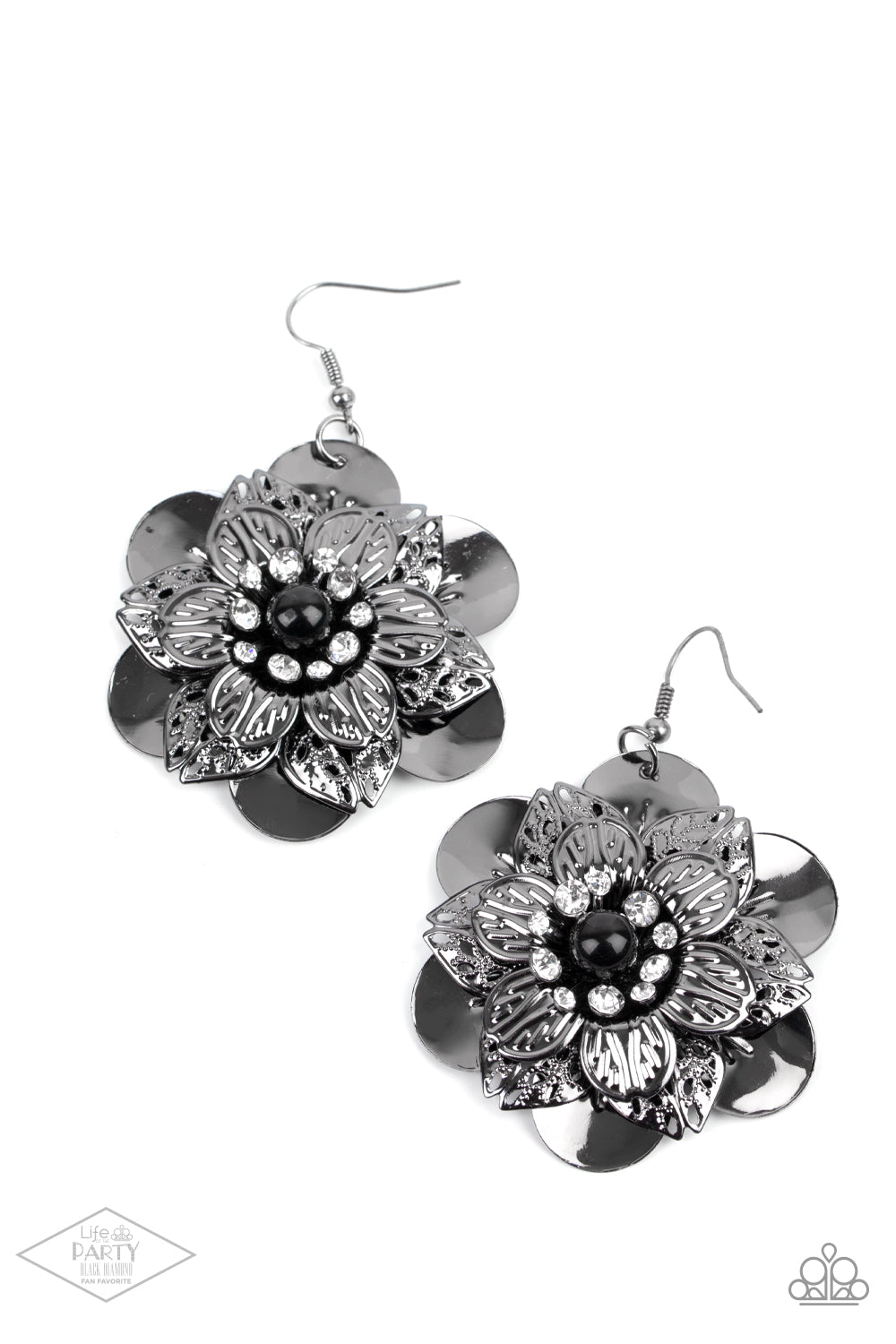 Sleek gunmetal petals with a variety of textures are layered to create a dramatic flower. A single black bead bordered by a ring of rhinestones anchors the design while adding unmatched sparkle. Earring attaches to a standard fishhook fitting.