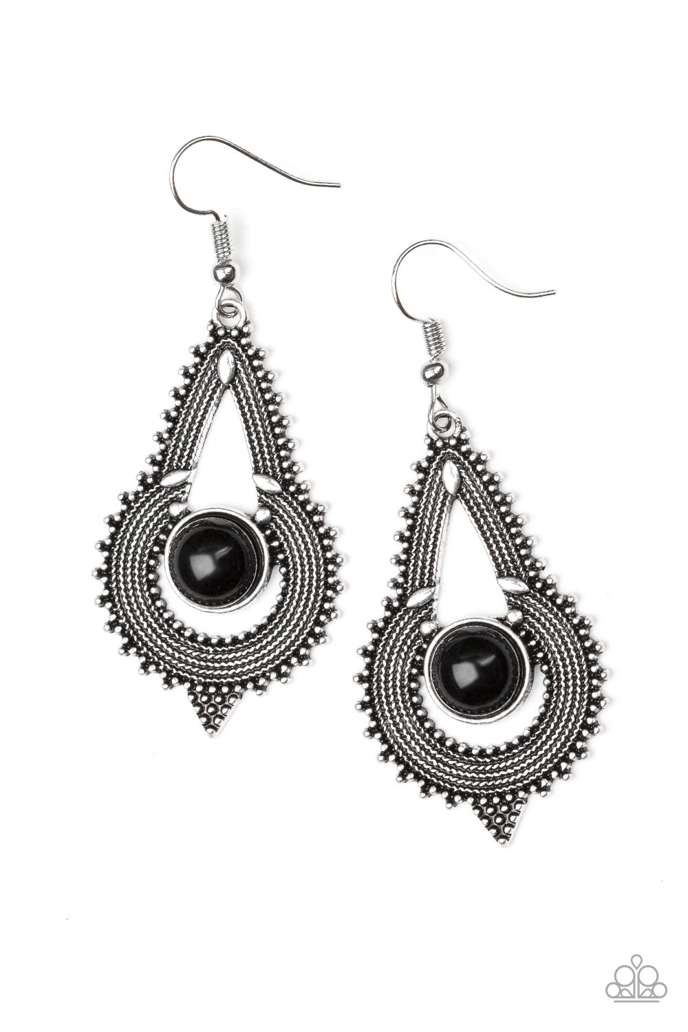 Radiating with studded and rope-like textures, an ornate silver frame joins around a polished black beaded center for a seasonal look. Earring attaches to a standard fishhook fitting.