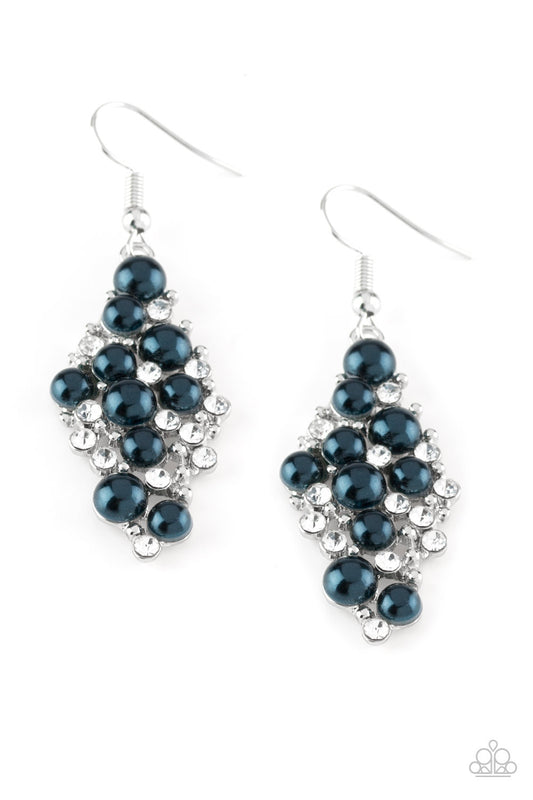 Bubbly blue pearls, dainty silver studs, and radiant white rhinestones coalesce into an elegant lure. Earring attaches to a standard fishhook fitting.