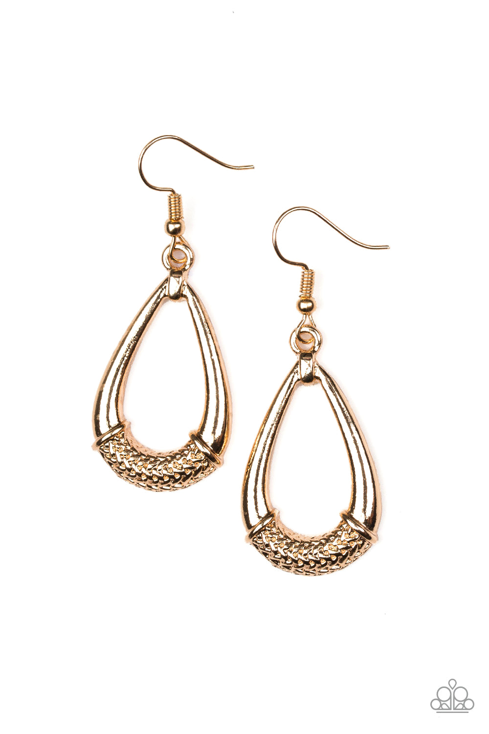 The center of a glistening gold teardrop is embossed in a metallic rope-like pattern for an artisan inspired look. Earring attaches to a standard fishhook fitting.