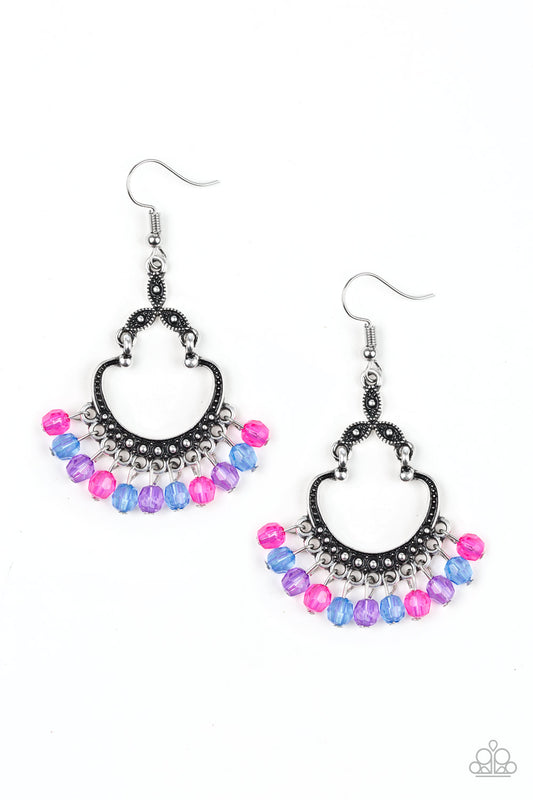 Faceted blue, pink, and purple beads swing from the bottom of a studded silver frame, creating a whimsical lure. Earring attaches to a standard fishhook fitting.