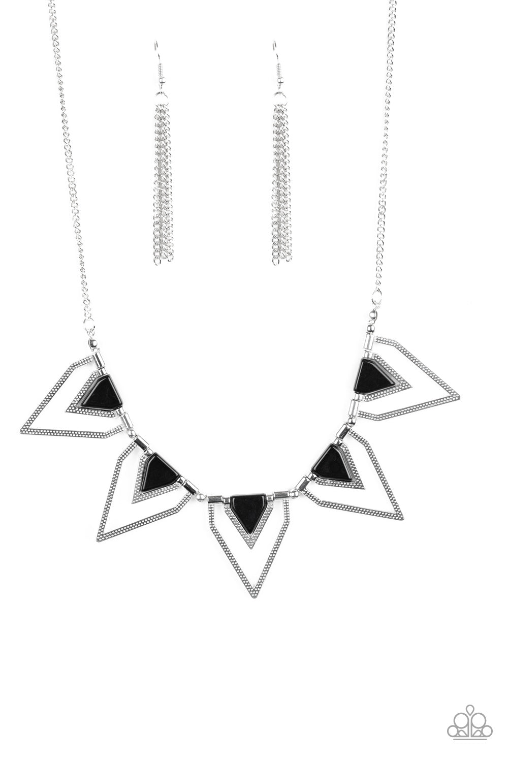 Infused with shiny black beading, glistening silver triangular frames join below the collar, creating a fierce geometric fringe. Features an adjustable clasp closure.