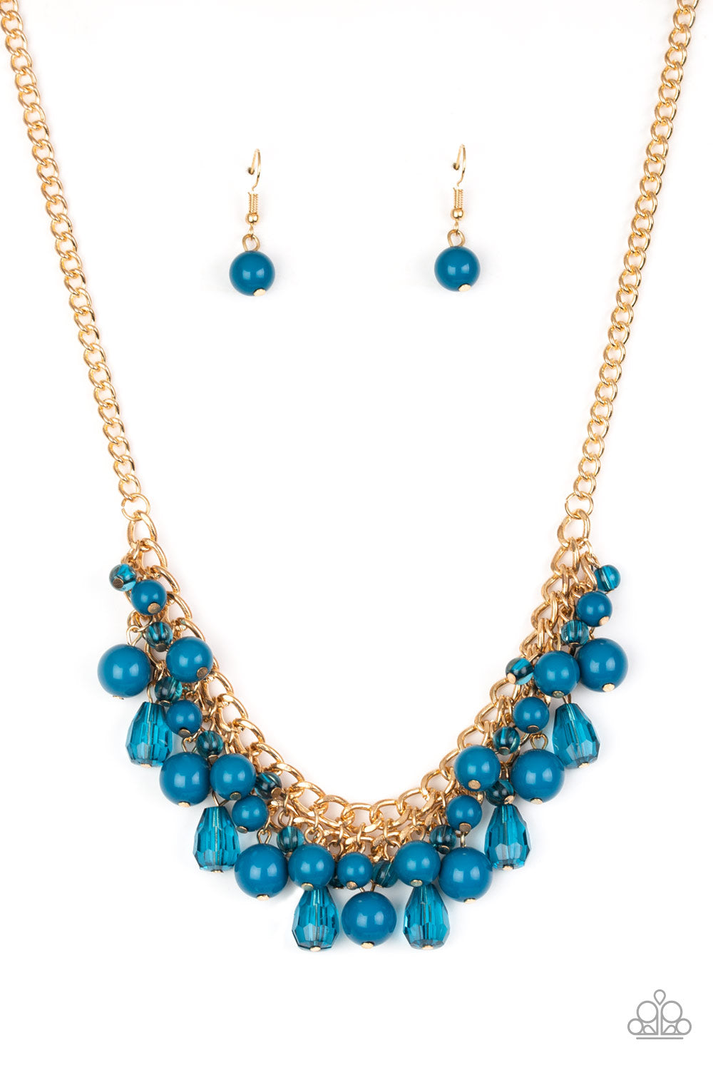 Varying in shape, glassy and polished blue beads swing from the bottom of interlocking gold chains. Crystal-like teardrops are sprinkled along the colorful beading, creating a flirtatious fringe below the collar. Features an adjustable clasp closure.