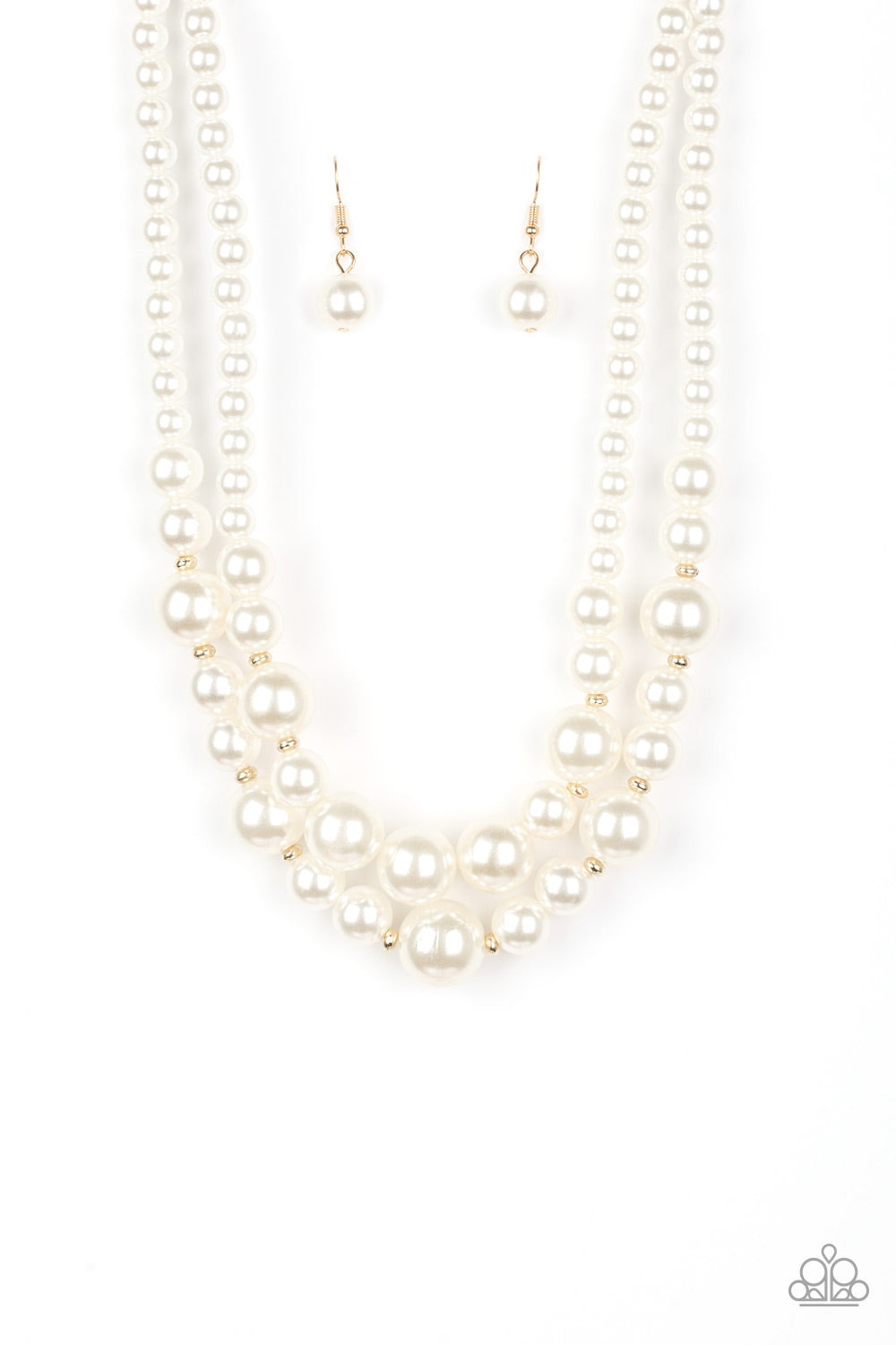 Infused with dainty gold accents, classic white pearls layer below the collar in a timeless fashion. Features an adjustable clasp closure