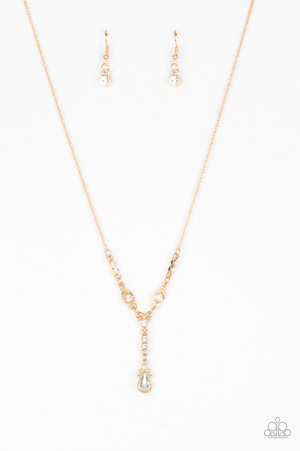 Dotted with glassy white rhinestones, dainty gold frames give away to an extravagant teardrop rhinestone pendant below the collar for a glamorous look. Features an adjustable clasp closure.