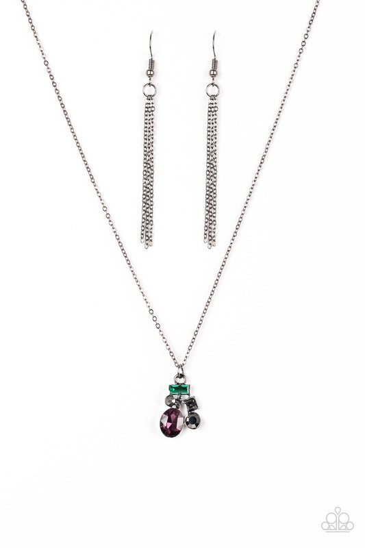 Varying in shape and size, glittery multicolored rhinestones and hematite rhinestones coalesce into a sparkling pendant below the collar for a timeless look. Features an adjustable clasp closure.