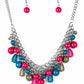 Varying in shape, glassy and polished blue, green, and pink beads swing from the bottom of interlocking silver chains. Crystal-like teardrops are sprinkled along the colorful beading, creating a flirtatious fringe below the collar. Features an adjustable clasp closure.