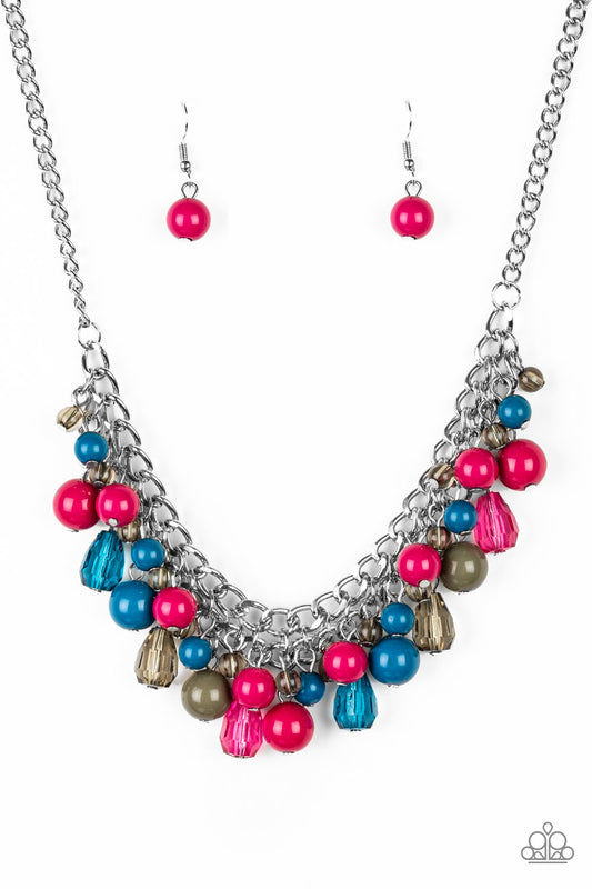 Varying in shape, glassy and polished blue, green, and pink beads swing from the bottom of interlocking silver chains. Crystal-like teardrops are sprinkled along the colorful beading, creating a flirtatious fringe below the collar. Features an adjustable clasp closure.