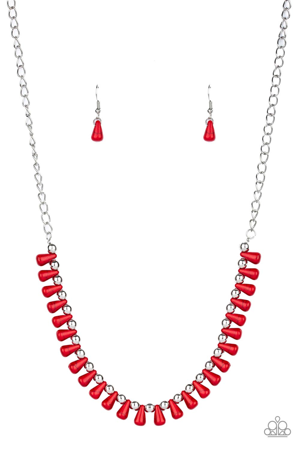 Red teardrop stones and classic silver beads are threaded along an invisible wire. The earthy beads alternate below the collar, creating a wild fringe. Features an adjustable clasp closure.  Sold as one ind