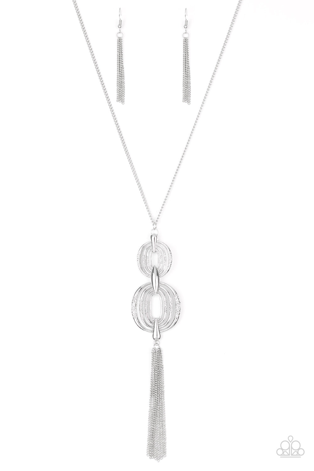 Delicately hammered in sections of shimmer, silver circular frames stack into a bold pendant at the bottom of a lengthened silver chain. A shimmery silver tassel swings from the bottom of the stacked pendant for a casual finish. Features an adjustable clasp closure