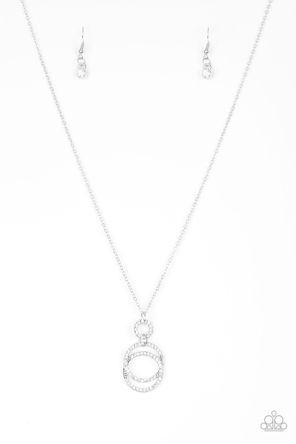 Encrusted in radiant white rhinestones, three silver hoops interlock at the bottom of an elongated silver chain for an elegant look. Features an adjustable clasp closure.