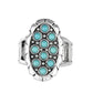 Dainty turquoise stones are sprinkled across the front of a studded silver frame, creating a refreshing centerpiece atop the finger. Features a stretchy band for a flexible fit.