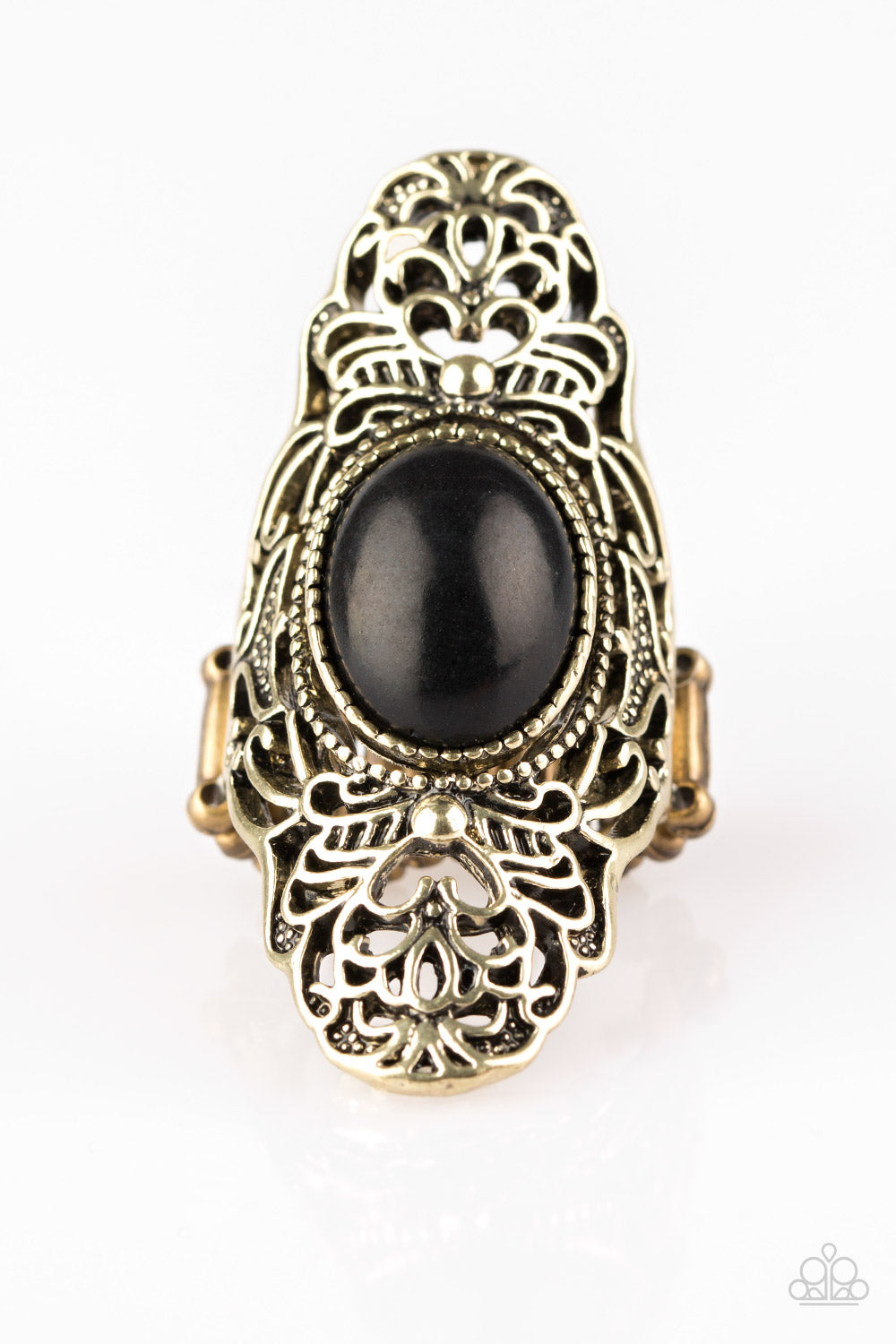 Dotted with an earthy black stone center, glistening brass filigree climbs the finger, coalescing into a dramatic frame. Features a stretchy band for a flexible fit.  Sold as one individual ring.