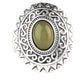 A glowing green stone is pressed in the center of a dramatic silver frame radiating with shimmery sunburst details for a seasonal look. Features a stretchy band for a flexible fit.