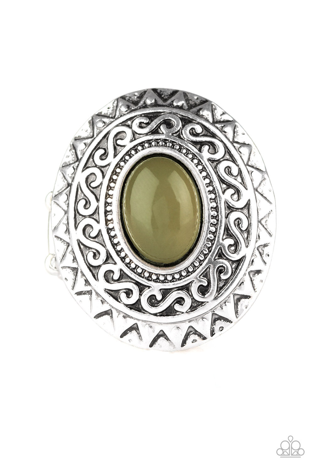A glowing green stone is pressed in the center of a dramatic silver frame radiating with shimmery sunburst details for a seasonal look. Features a stretchy band for a flexible fit.