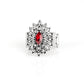 Dotted in dainty white rhinestones, silver petals radiate from a regal red marquise shaped rhinestone center for an edgy look. Features a stretchy band for a flexible fit.  Sold as one individual ring.