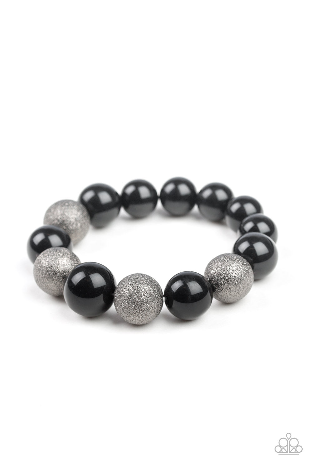 Dusted in glitter, sparkling gunmetal and shiny black beads are threaded along a stretchy band around the wrist for a glamorous look.