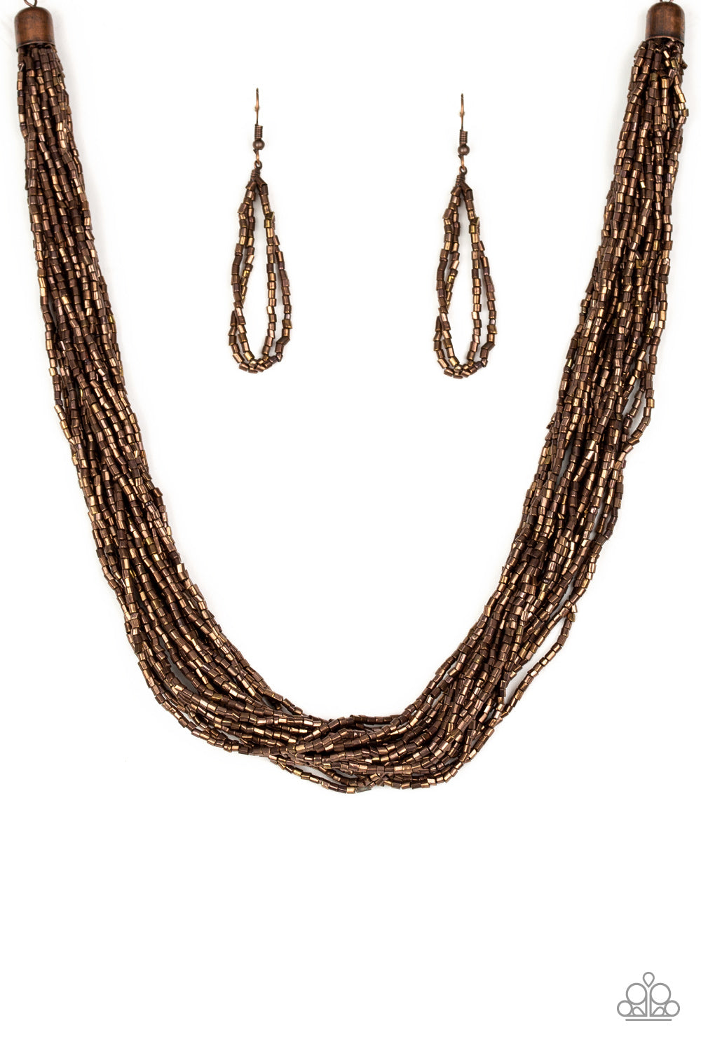 Strands of copper seed beads subtlety twist below the collar, coalescing into a blinding shimmer. Features an adjustable clasp closure.
