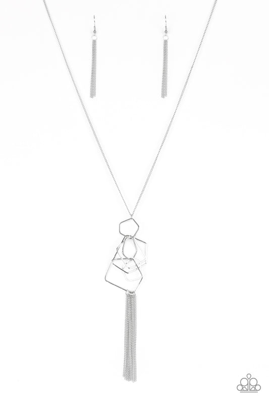 Glistening silver bars bend into airy pentagon shaped frames as they trickle from the bottom of an elongated gunmetal chain, creating an edgy clustered pendant. A shiny silver tassel swings from the trendy geometric pendant for a flirtatious finish. Features an adjustable clasp closure.