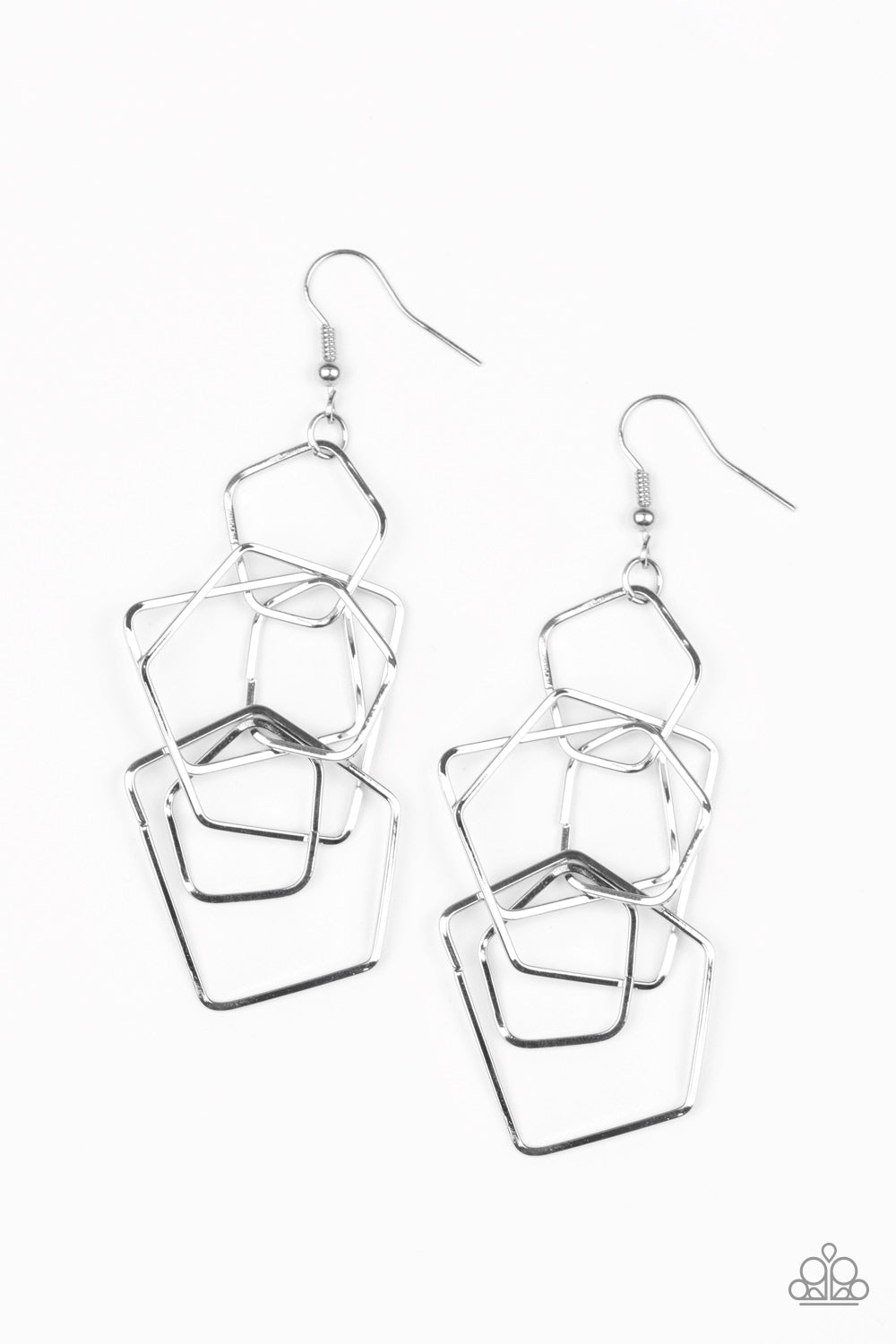 Glistening silver bars bend into airy pentagon shaped frames as they trickle from the ear, creating an edgy clustered fringe. Earring attaches to a standard fishhook fitting.