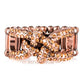 Encrusted in glittery rhinestones, shimmery copper bars crisscross across the finger, coalescing into a bold square knot atop the finger. Features a stretchy band for a flexible fit.