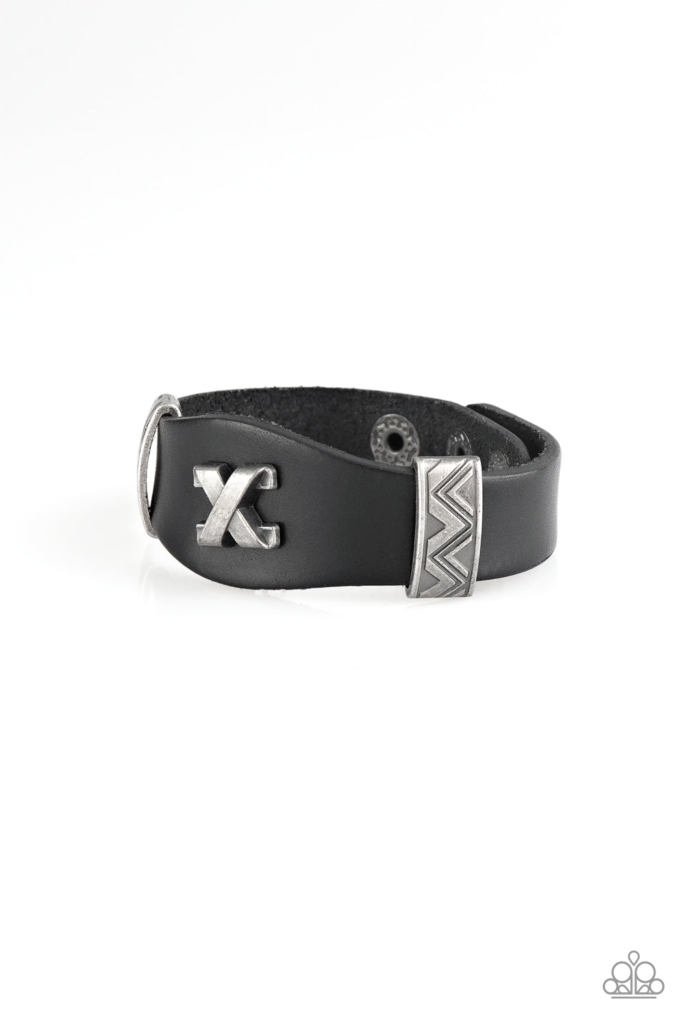 Featuring ornate metallic accents, an antiqued crisscross frame embellishes the center of a black leather band for an edgy urban look. Features an adjustable snap closure.