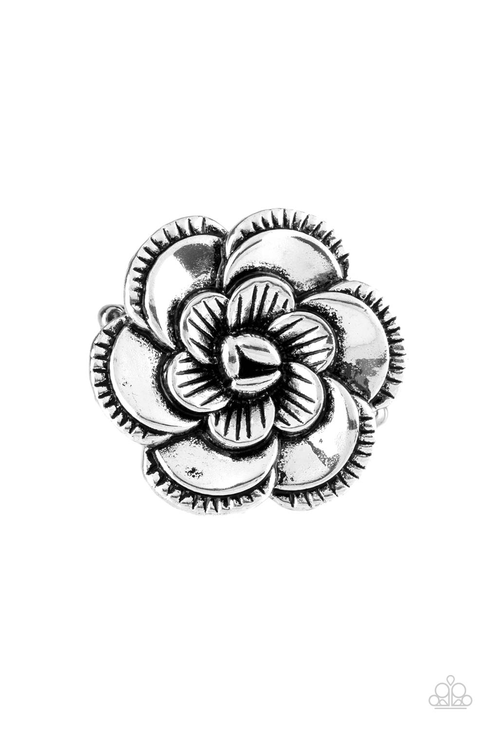 Rippling in ornate detail, folds of silver petals bloom atop the finger for a seasonal look. Features a stretchy band for a flexible fit.