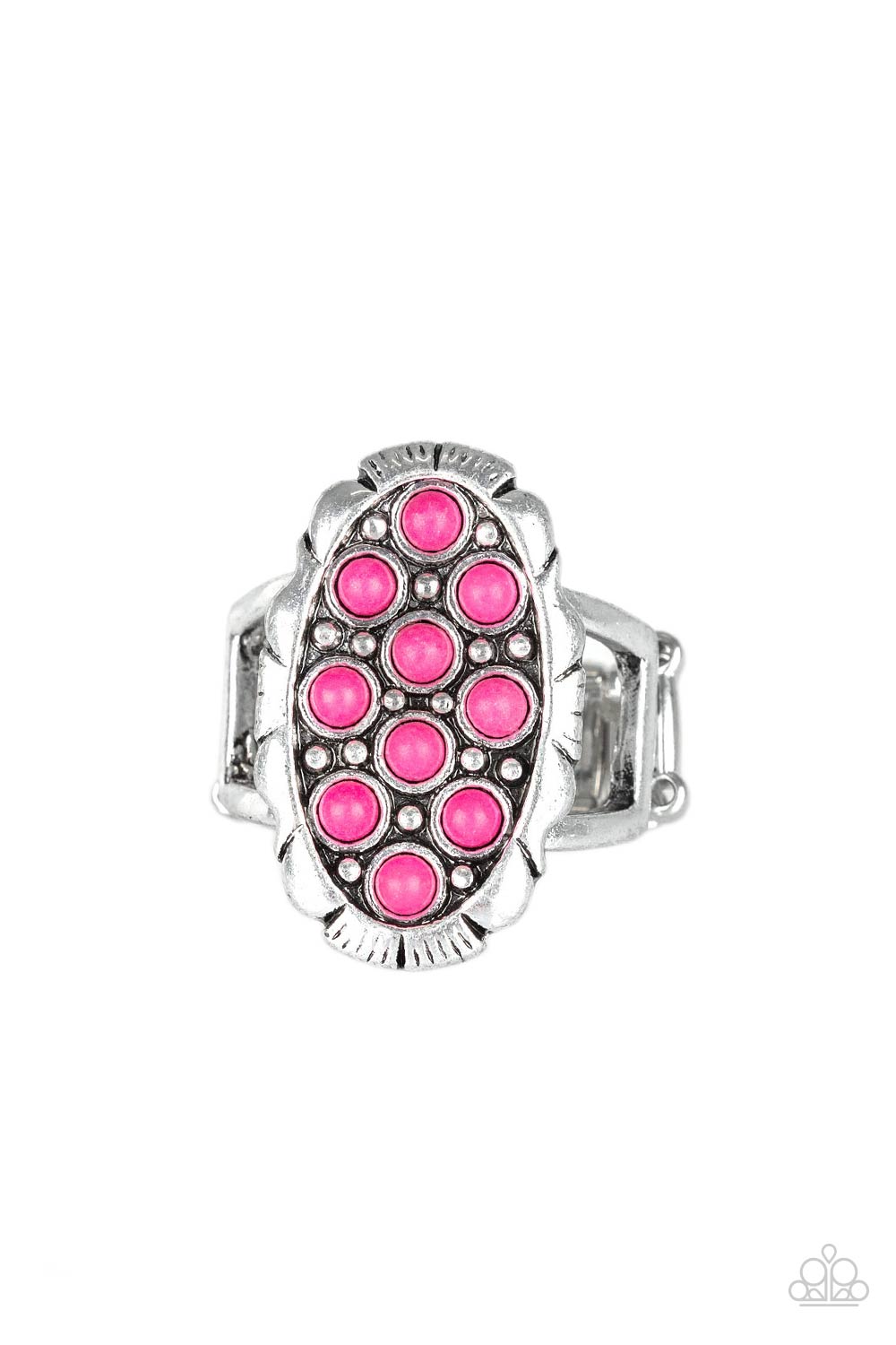 Dainty pink stones are sprinkled across the front of a studded silver frame, creating a vivacious centerpiece atop the finger. Features a stretchy band for a flexible fi