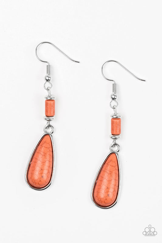 Chiseled into a tranquil teardrop, an earthy orange stone bead swings from the bottom stack of silver and stone beads, creating a seasonal lure. Earring attaches to a standard fishhook fitting.