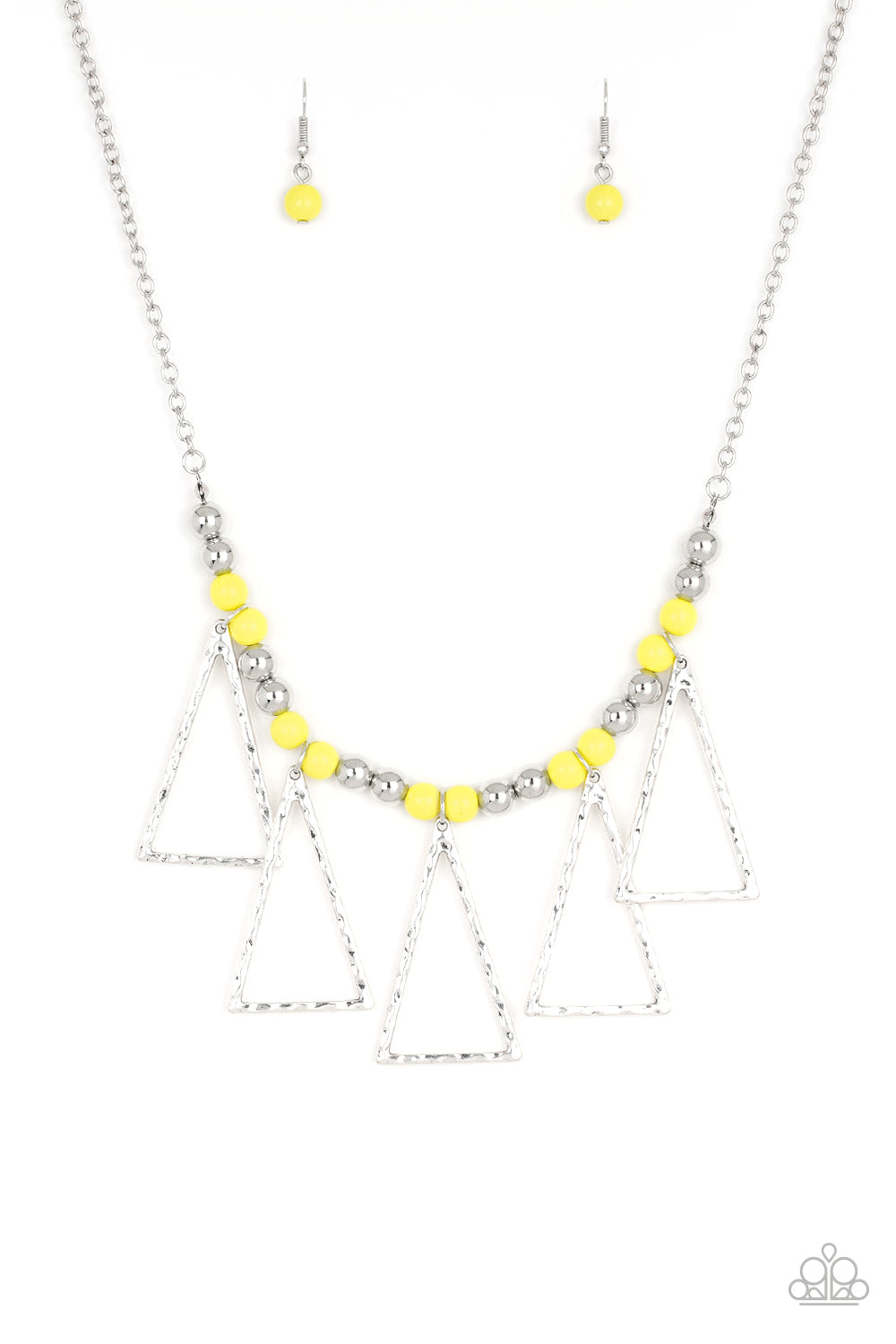 A collection of shiny silver and vibrant yellow beads are threaded along an invisible wire below the collar. Hammered triangular frames swing from the bottom of the colorful compilation, creating an artistic fringe. Features an adjustable clasp closure.