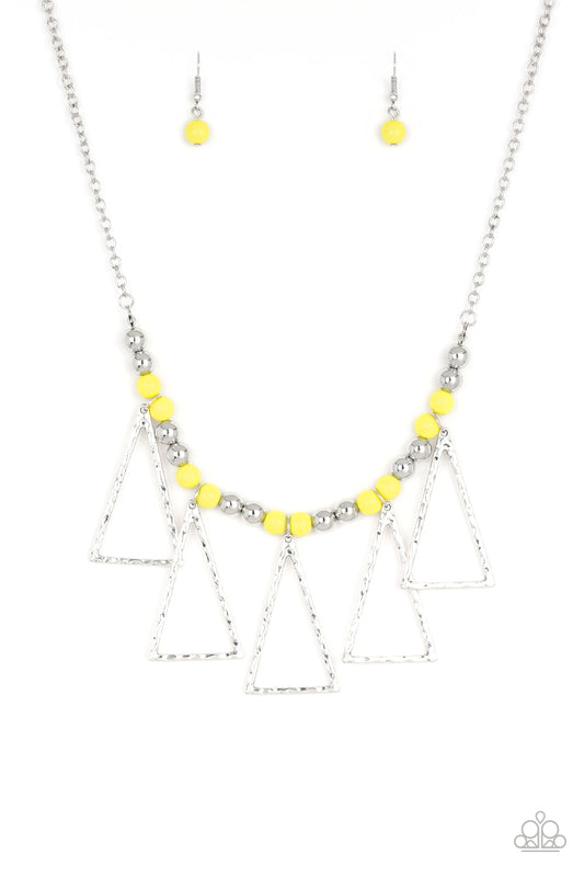 A collection of shiny silver and vibrant yellow beads are threaded along an invisible wire below the collar. Hammered triangular frames swing from the bottom of the colorful compilation, creating an artistic fringe. Features an adjustable clasp closure.