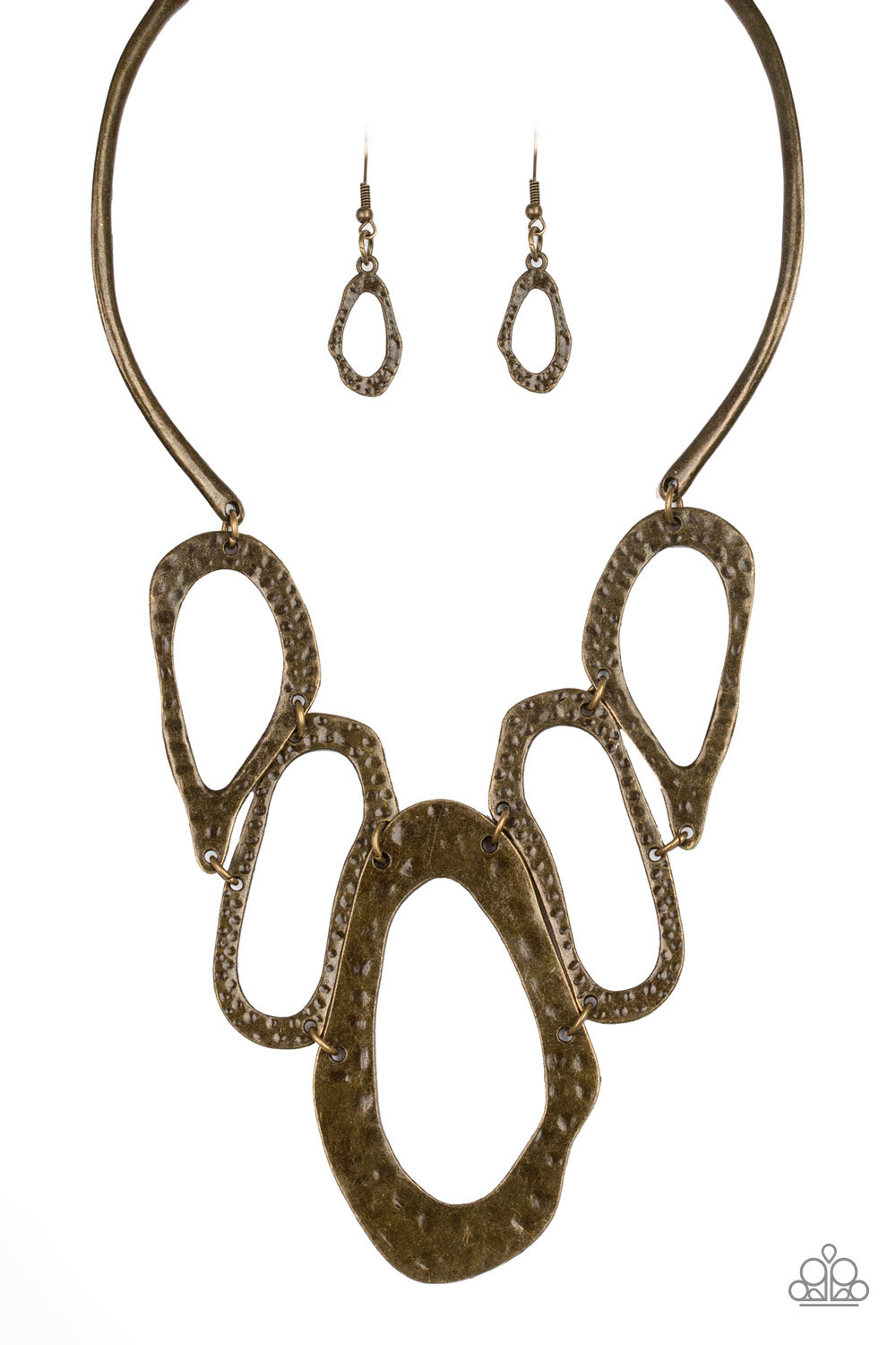 Attached to two bent brass bars, delicately hammered asymmetrical brass hoops link below the collar for an edgy statement making look. Features an adjustable clasp closure.