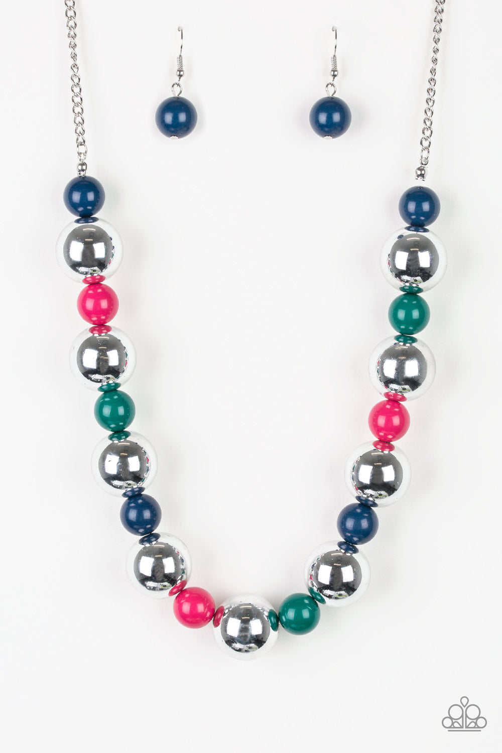 Polished multicolored beads and dramatic silver beads drape below the collar for a perfect pop of color. Features an adjustable clasp closure.