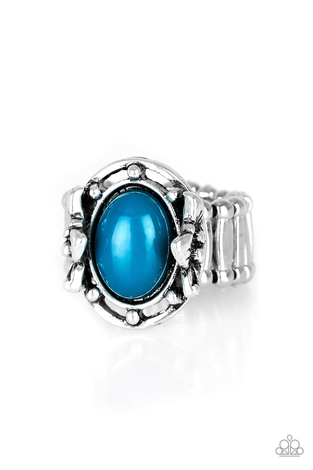 A polished blue bead is pressed into the center of a silver frame blooming with floral details for a whimsical finish. Features a stretchy band for a flexible fit.