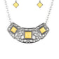 Glistening silver filigree spins into a dramatic pendant below the collar. Square yellow beads are pressed into the airy frame for a colorful finish. Features an adjustable clasp closure.