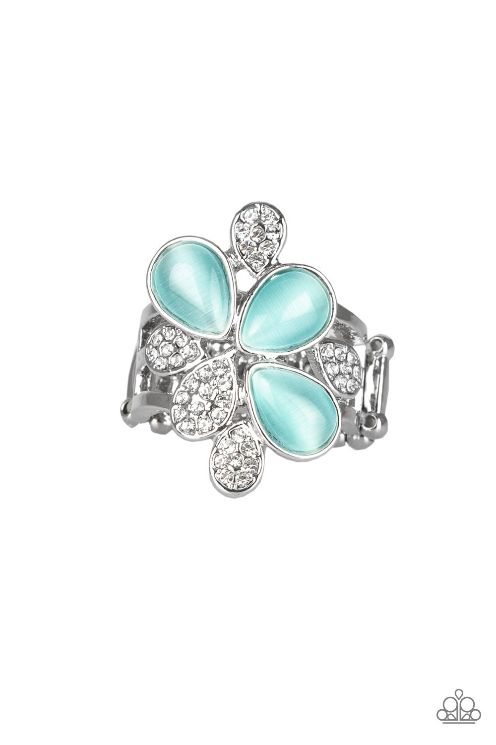Featuring tranquil teardrop shapes, glowing blue moonstones and white rhinestone encrusted petals coalesce into an enchanting band for a seasonal look. Features a stretchy band for a flexible fit.