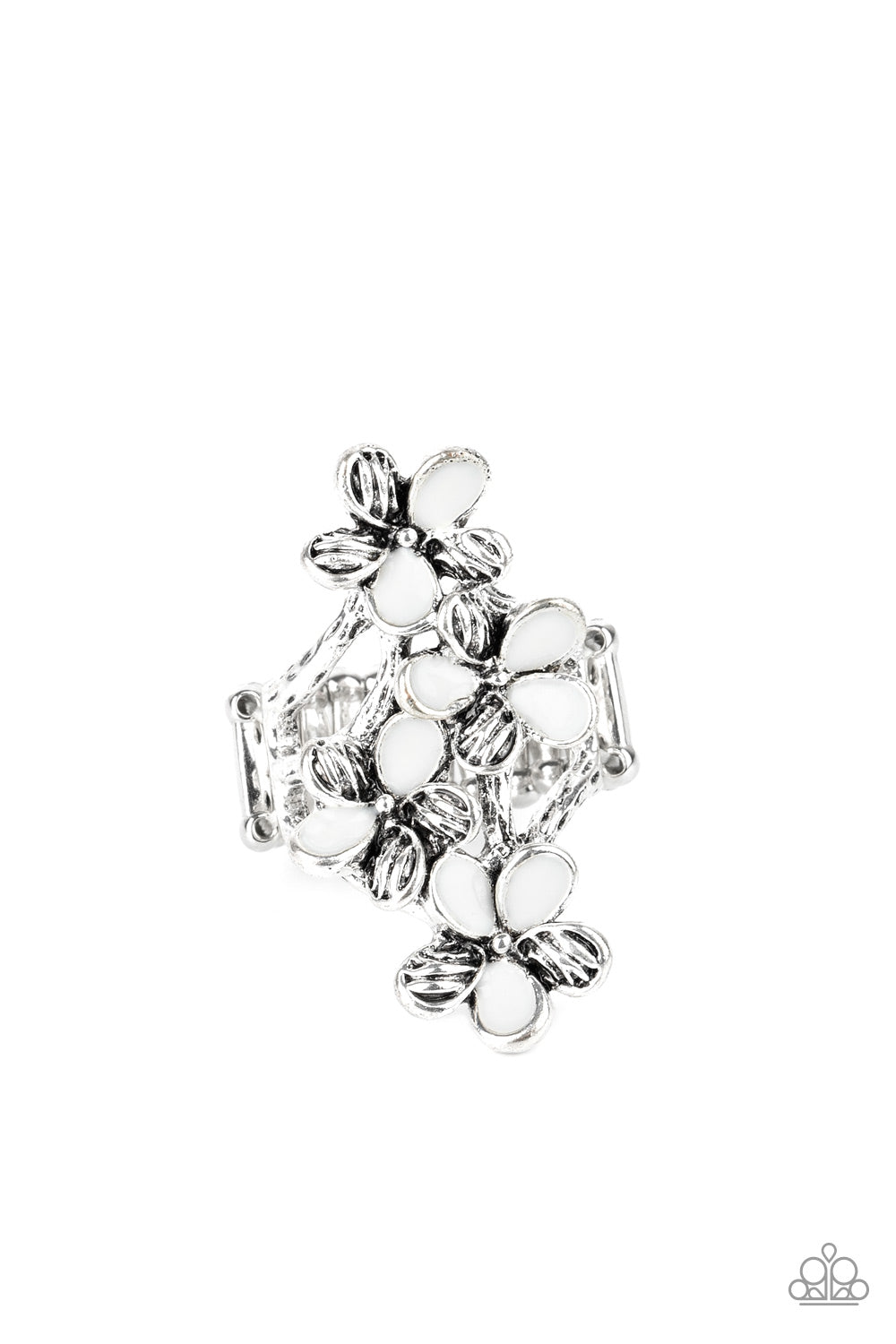 Featuring shiny white and textured silver petals, colorful flowers dance across the finger, coalescing into a whimsical frame atop the finger. Features a stretchy band for a flexible fit.