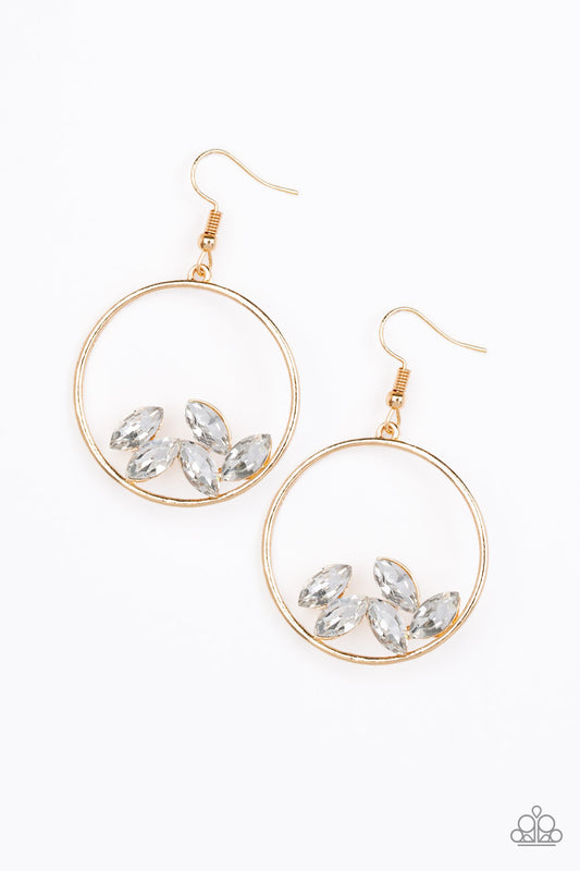 Glittery white marquise-cut rhinestones collect at the bottom of an airy gold hoop for a glamorous look. Earring attaches to standard fishhook fitting.