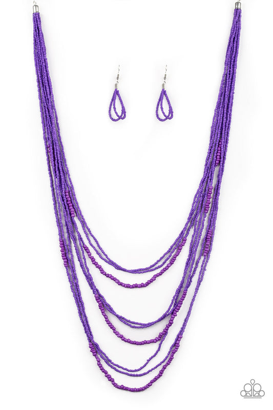 Varying in size, row after row of vivacious purple seed beads cascade down the chest, creating summery layers. Features an adjustable clasp closure.