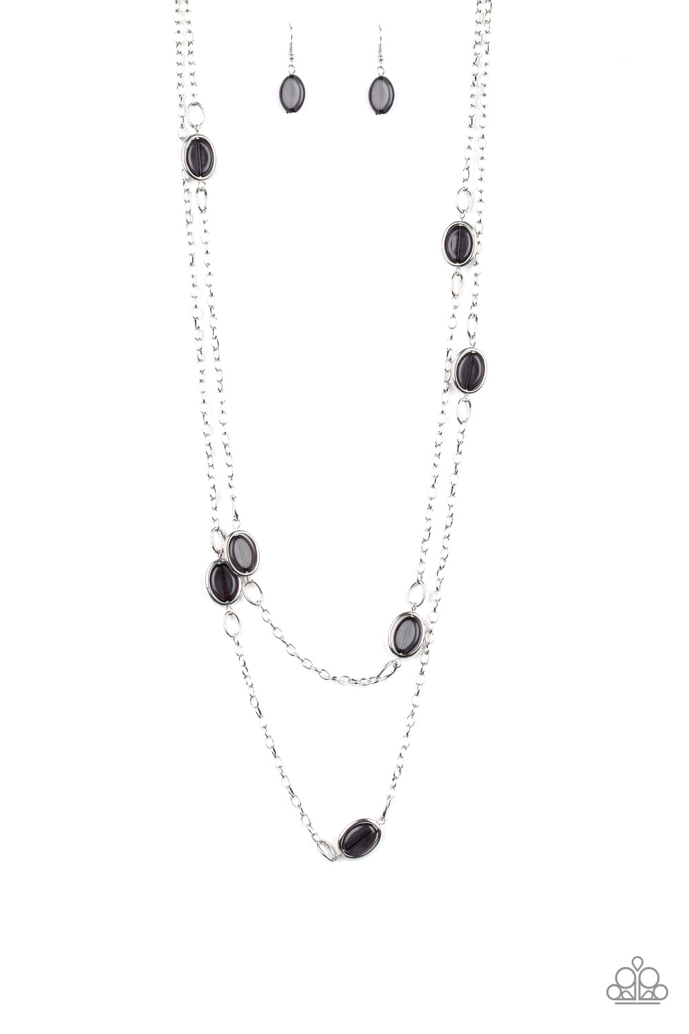 Glassy black beads are threaded along metallic rods, allowing them to spin inside their silver fittings. The colorful frames trickle along two shimmery chains across the chest for a refined layered look. Features an adjustable clasp closure.