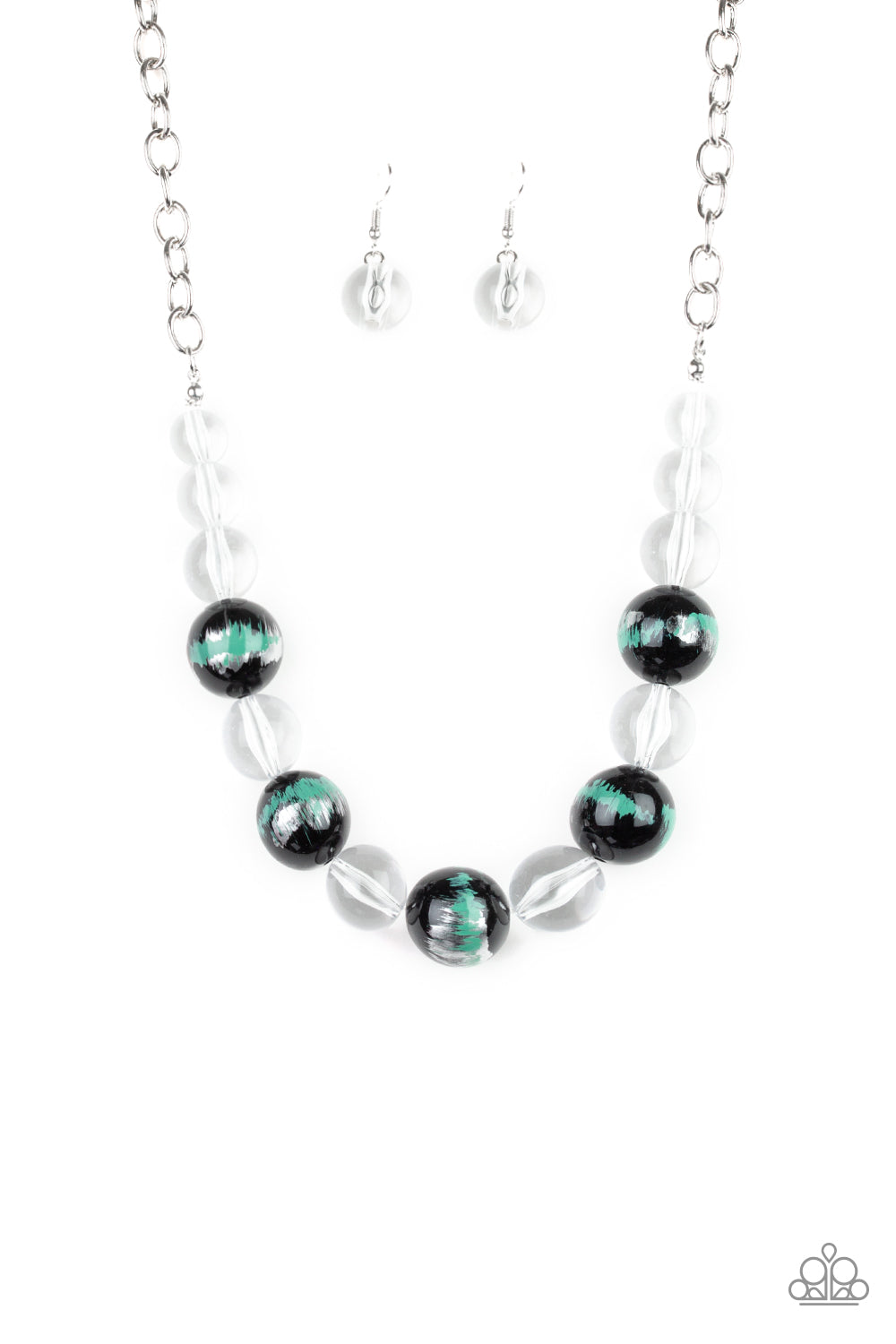 A collection of shiny black and glassy clear beads are threaded along an invisible wire below the collar. The black beads are splashed in hints of refreshing green and shiny metallic paint for a colorful finish. Features an adjustable clasp closure.