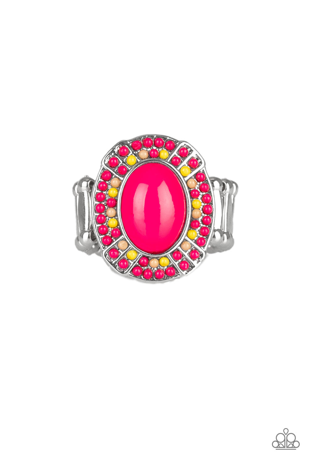 Dainty pink, yellow, and brown beads encircle a larger pink bead, creating a colorful frame atop the finger. Features a stretchy band for a flexible fit.
