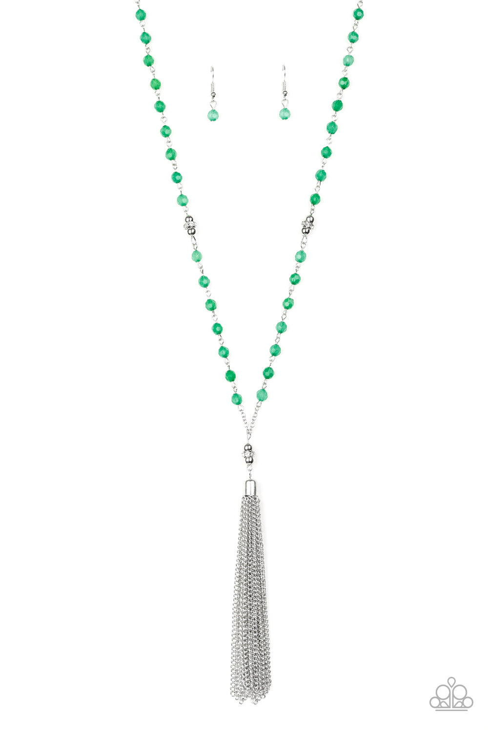 Green opaque crystal-like beads, shiny silver beads, and white rhinestone encrusted rings give way to a shimmery silver tassel for a whimsical look. Features an adjustable clasp closure.