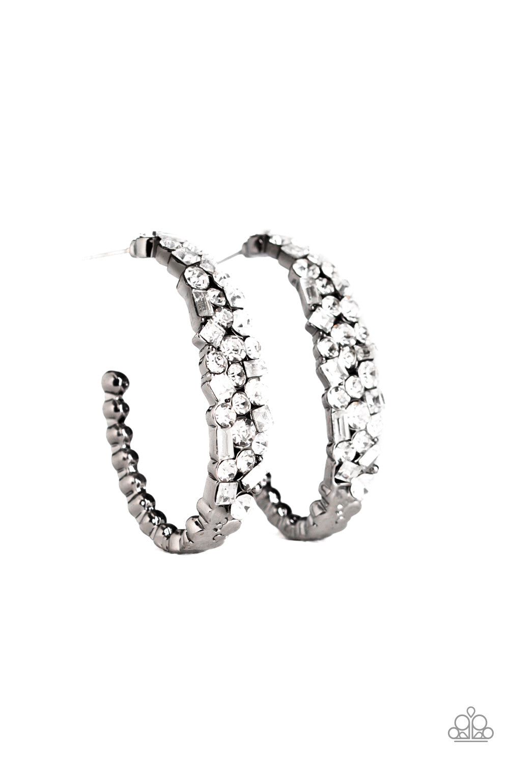 The front of a hook-shaped gunmetal hoop is encrusted in a collision of glassy white rhinestones for a blinding look. Earring attaches to a standard post fitting. Hoop measures approximately 1" in diameter.